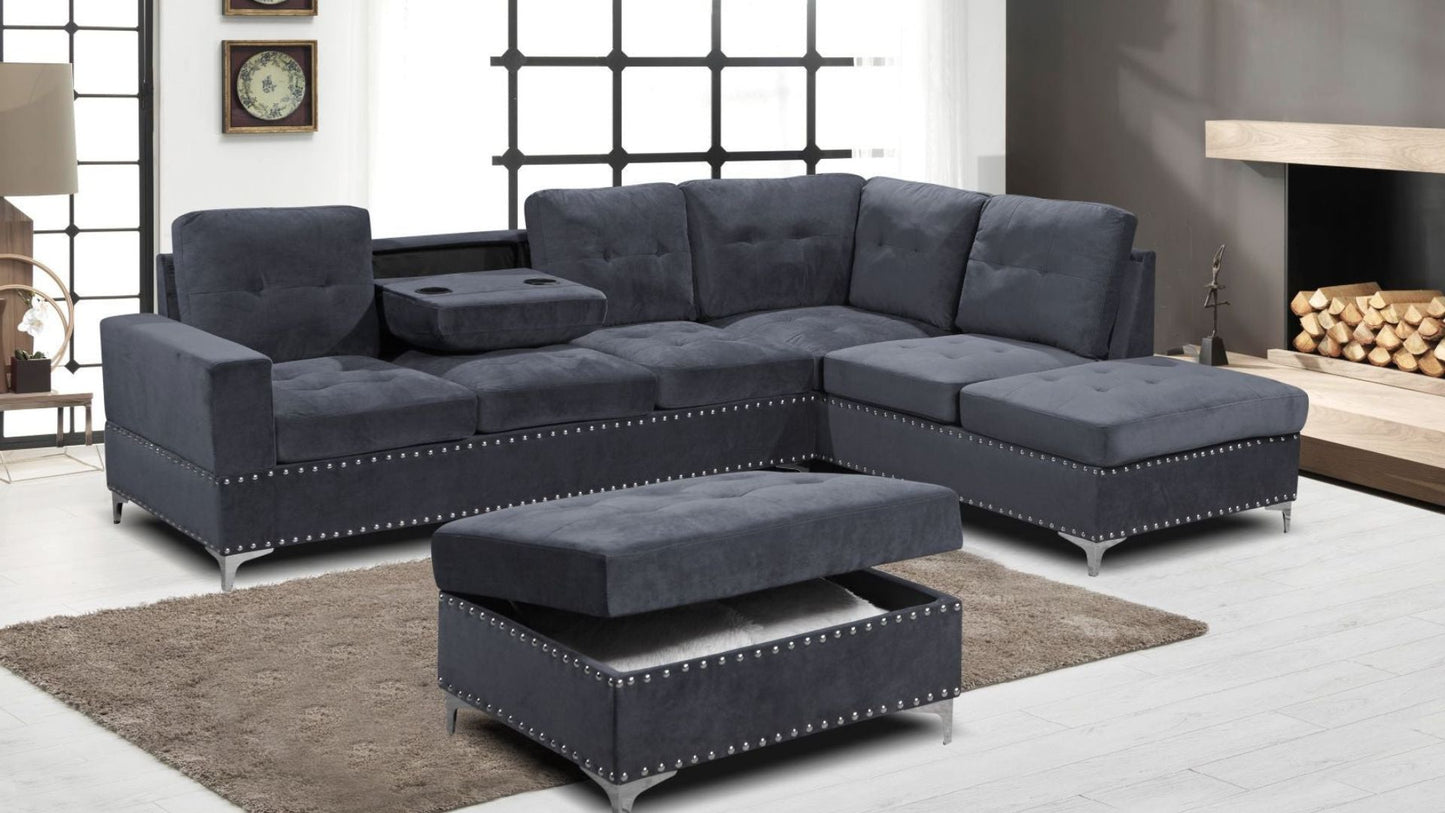 Velvet Reversible Sectional Sofa with Ottoman - 2620