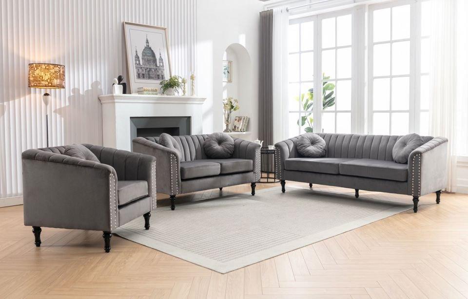 GREY VELVET SOFA SET - (8088) - Furniture King