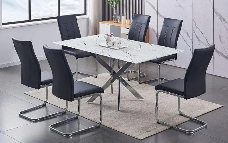 Marble Look Glass 7Pc Dining Table Set - T-1442 - Furniture King