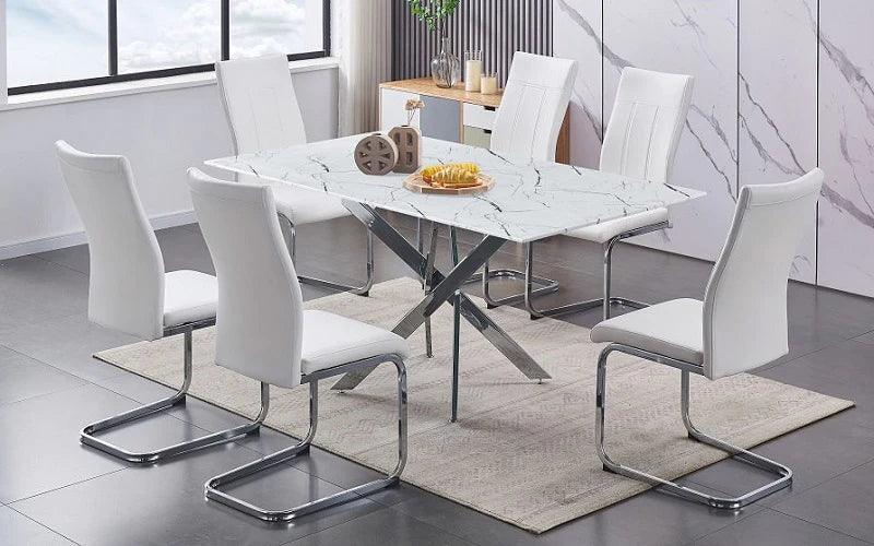Marble Look Glass 7Pc Dining Table Set - T-1442 - Furniture King