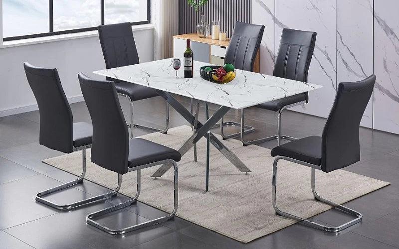 Marble Look Glass 7Pc Dining Table Set - T-1442 - Furniture King