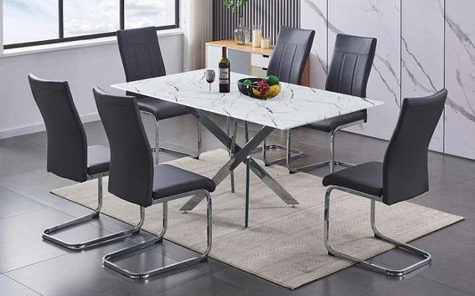 Marble Look Glass 7Pc Dining Table Set - T-1442 - Furniture King