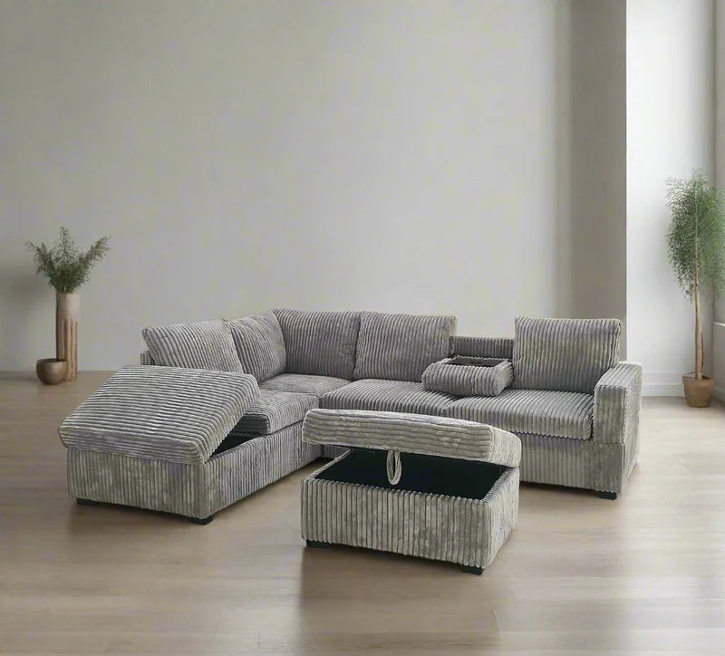 Corduroy Sectional Sofa with Storage Ottoman - 9289